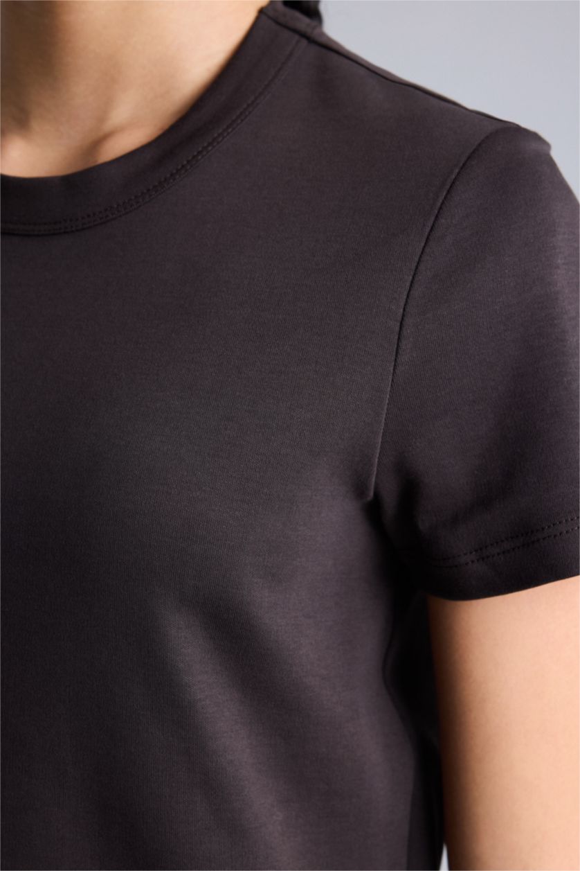 Kadın Kahve Standart Fıt Bisiklet Yaka Sporcu Pamuklu Kısa Kollu Tişört