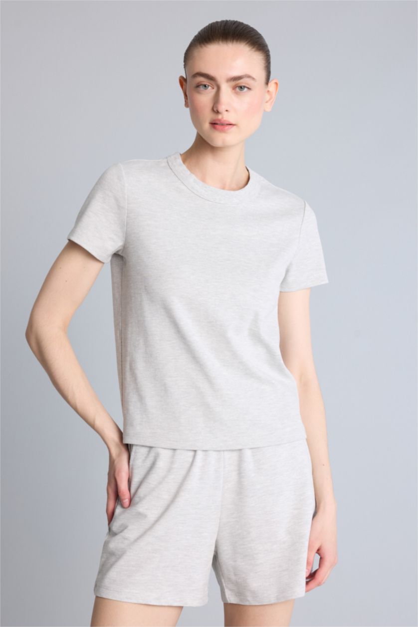 Kadın Gri Melanj Standart Fit Kısa kollu Pamuklu Tişört