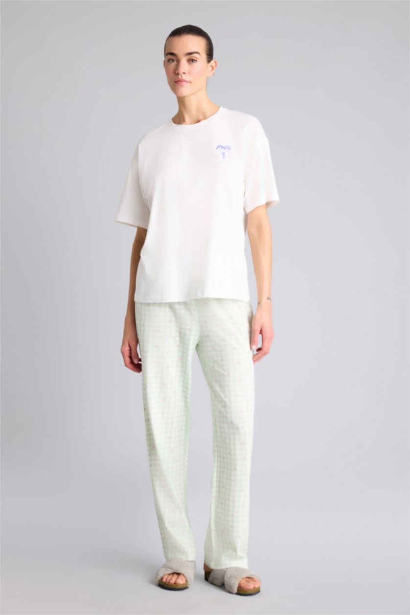 Kadın Mint Pijama Takımı Üst Kareli Alt