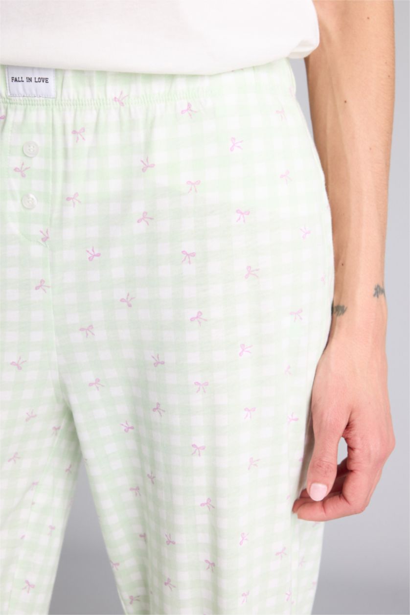 Kadın Mint Pijama Takımı Üst Kareli Alt