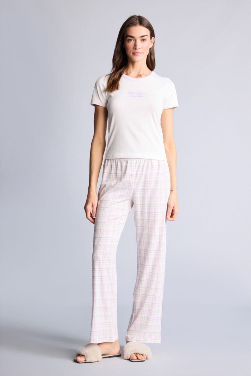 Kadın Pembe Pijama Takımı Üst Kareli Alt