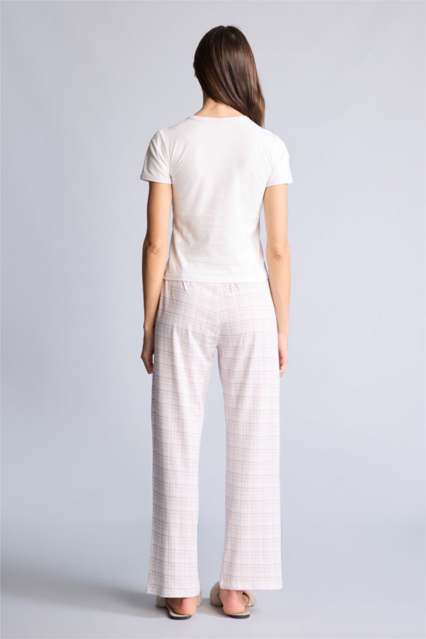 Kadın Pembe Pijama Takımı Üst Kareli Alt