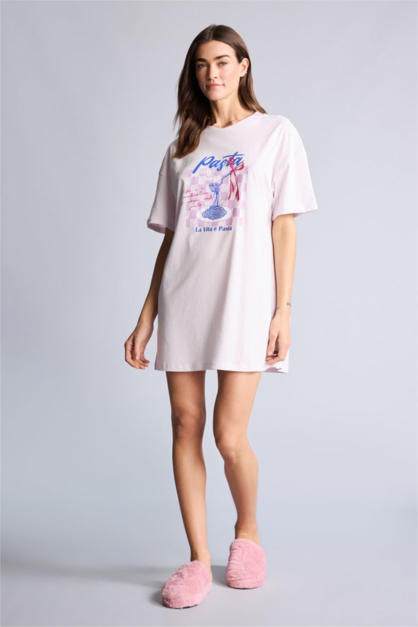 Kadın Pembe Baskılı Kısa Kollu Gecelik