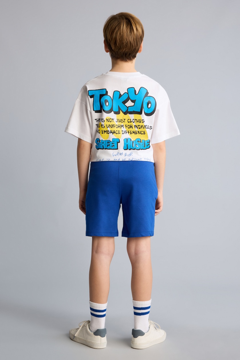 Erkek Çocuk - Genç Erkek Koyu Mavi %100 Pamuk Oversıze Sweatshirt Kumaşı Şort Erkek Çocuk