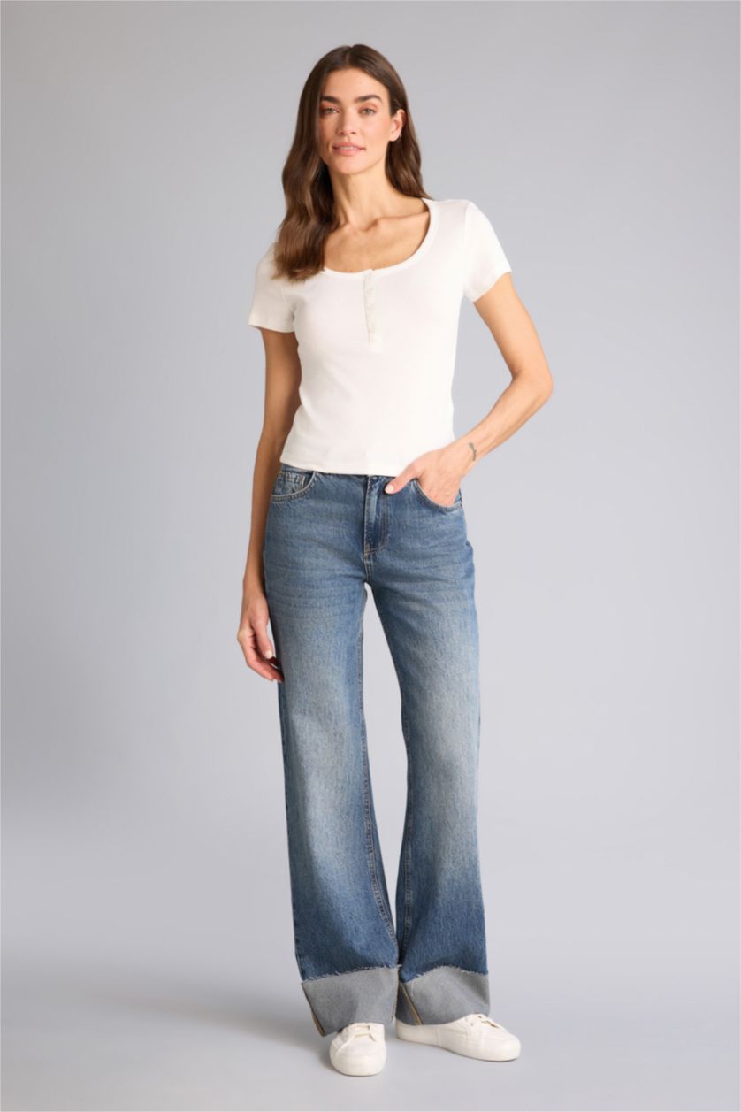 Kadın Ekru Regular Fıt Basıc Fitilli Kaşkorse Tişört