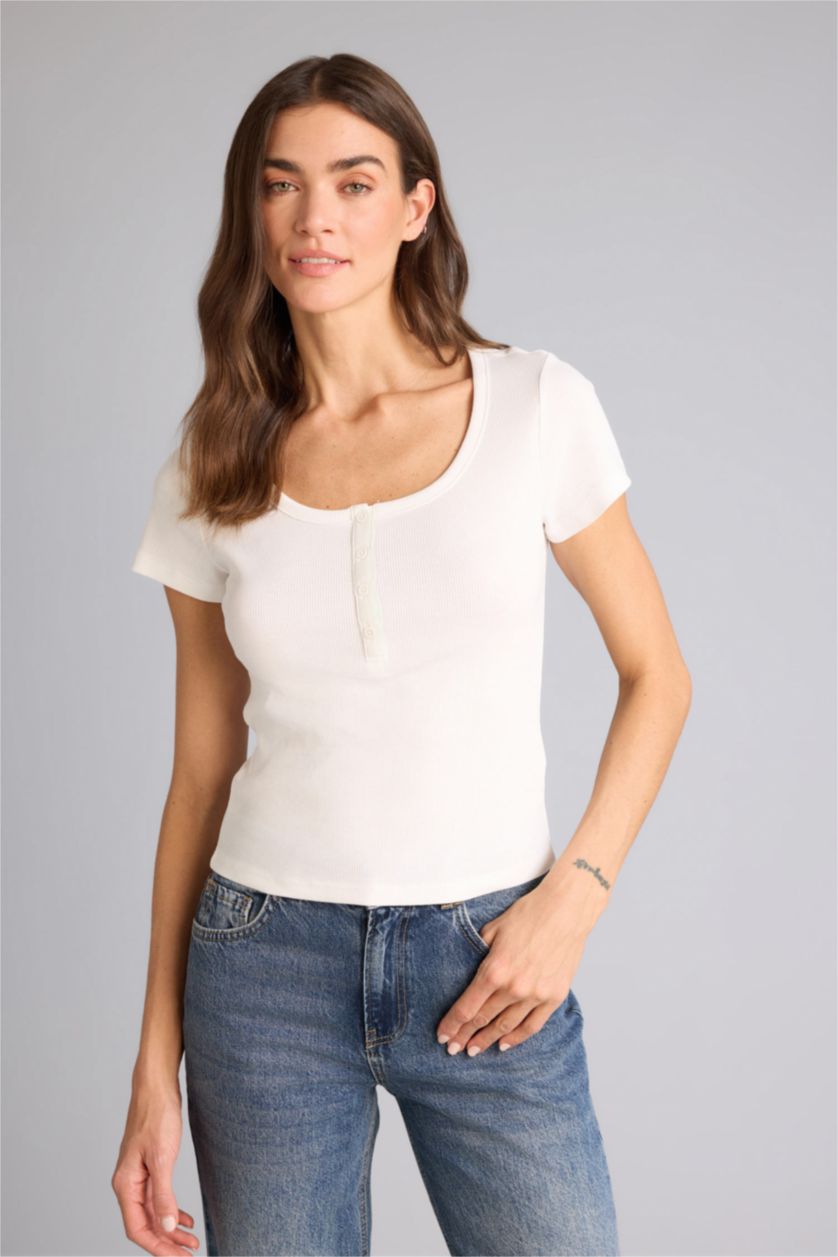 Kadın Ekru Regular Fıt Basıc Fitilli Kaşkorse Tişört