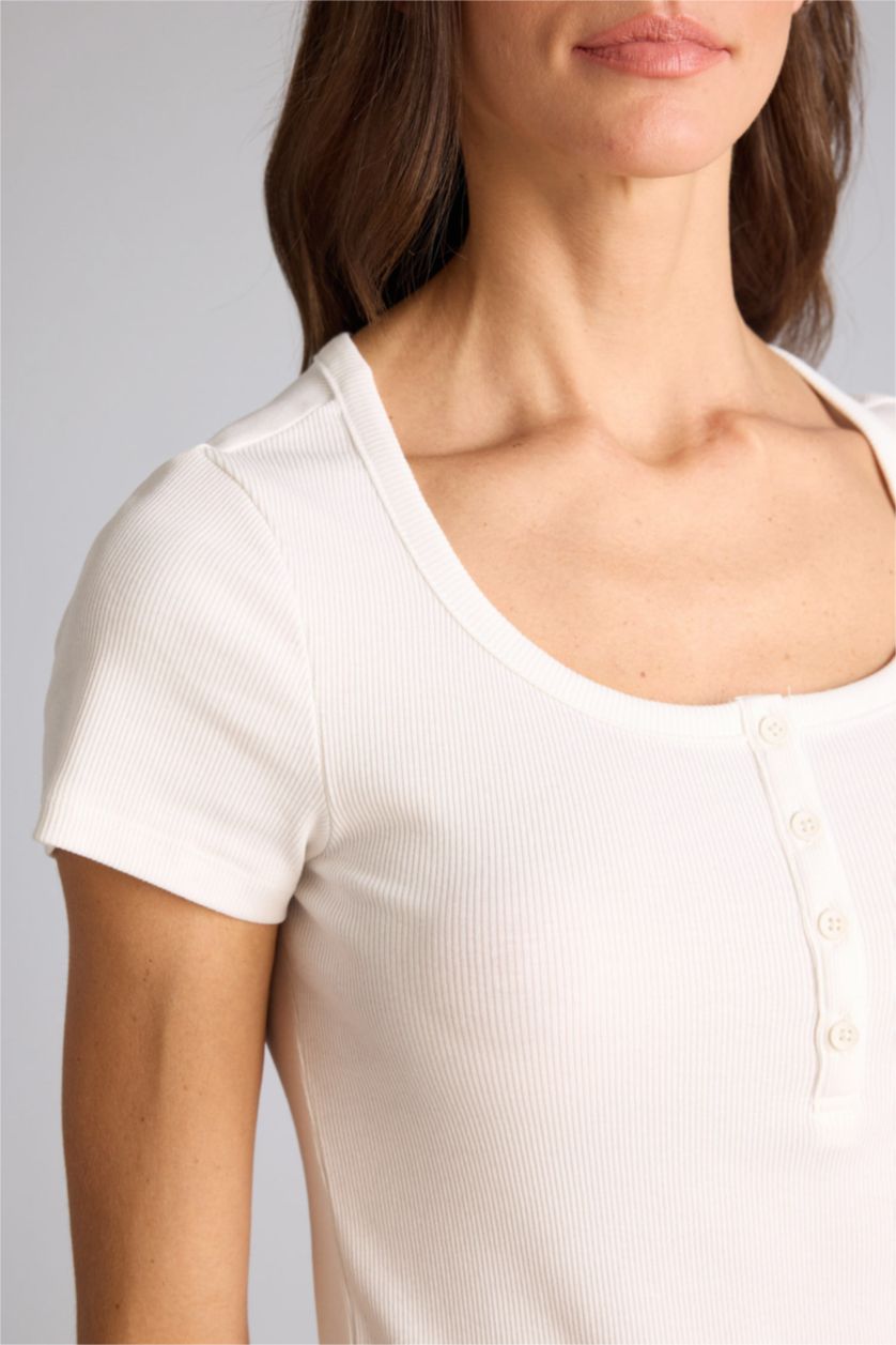 Kadın Ekru Regular Fıt Basıc Fitilli Kaşkorse Tişört