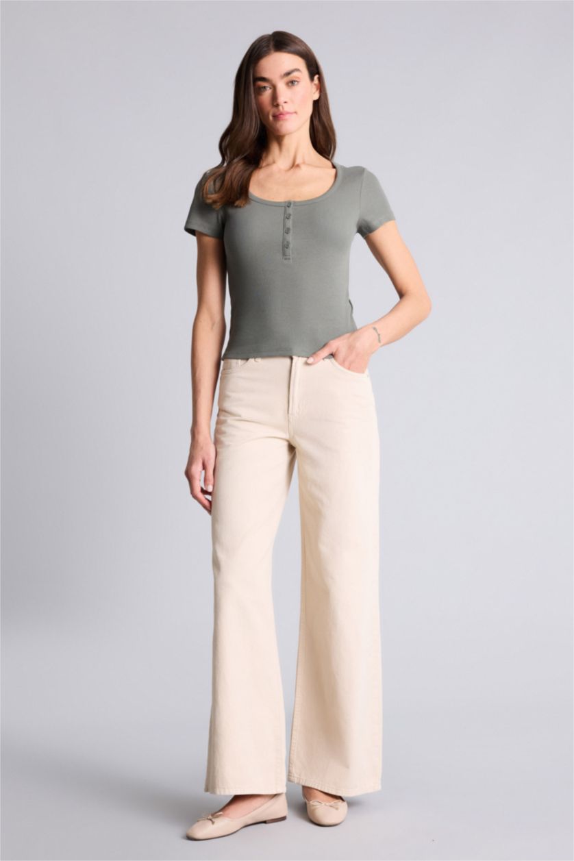 Kadın Açık Haki Regular Fıt Basıc Fitilli Kaşkorse Tişört