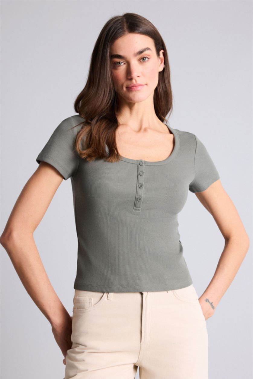 Kadın Açık Haki Regular Fıt Basıc Fitilli Kaşkorse Tişört