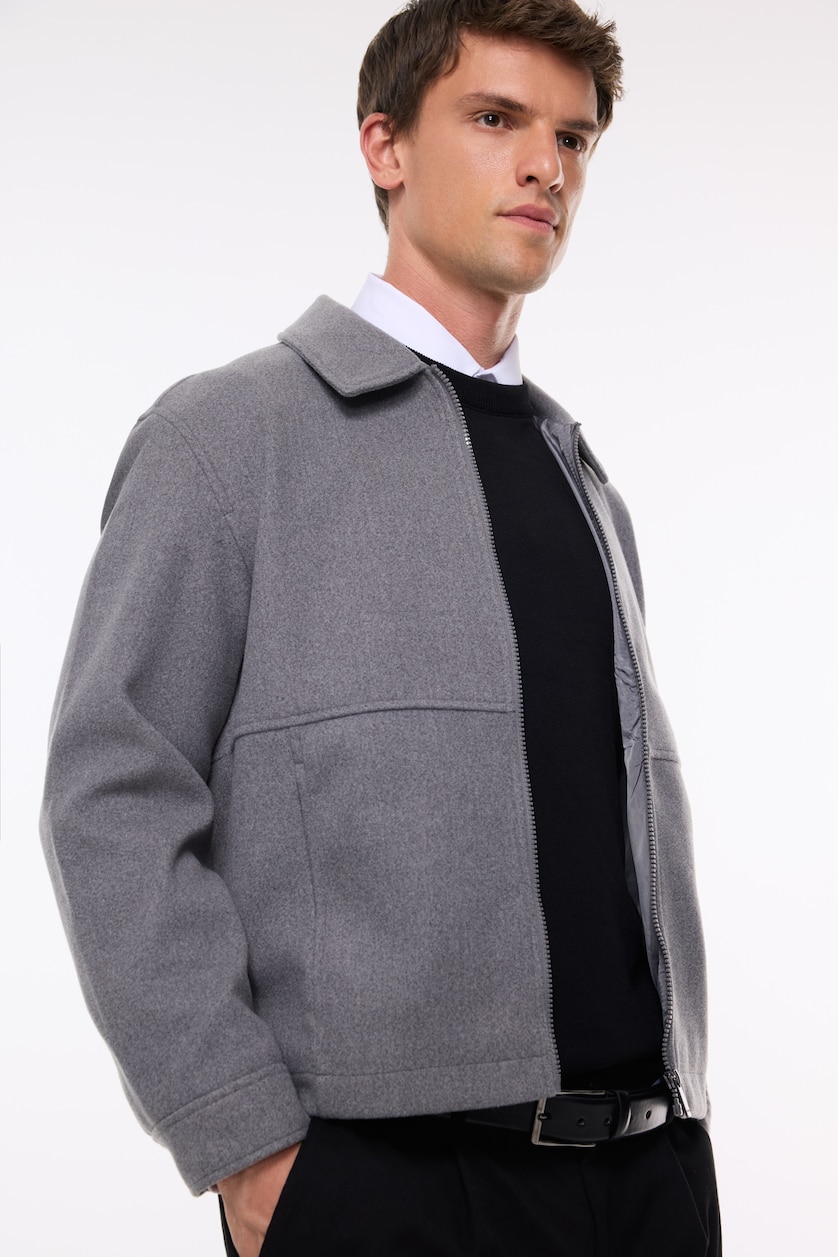 MESHKUJ Dark Grey Regular Fit Lined Wool Blend Polo Collar Jacket