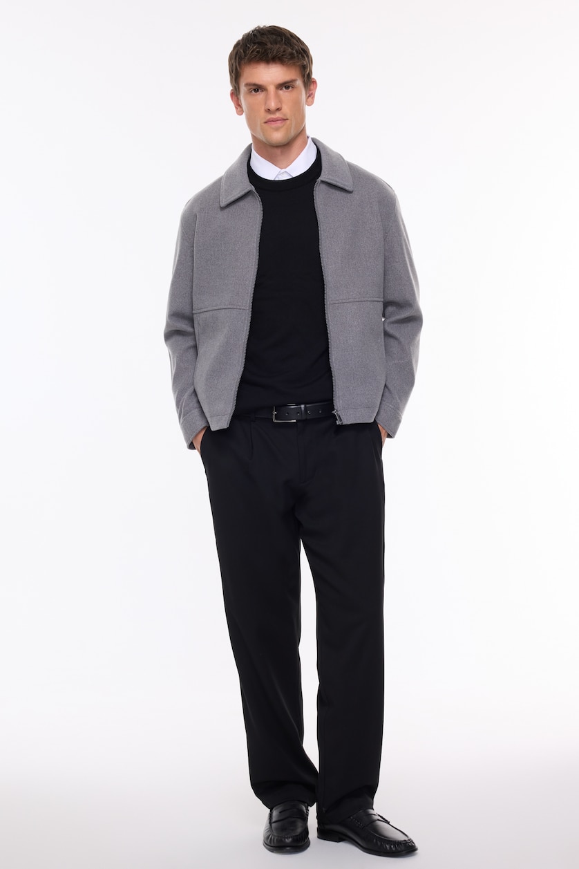 MESHKUJ Dark Grey Regular Fit Lined Wool Blend Polo Collar Jacket