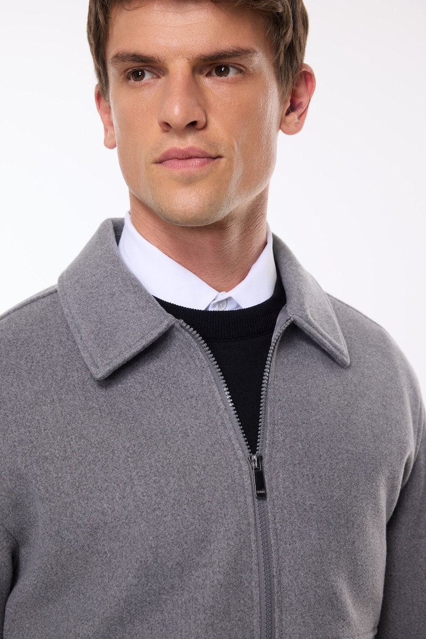 MESHKUJ Dark Grey Regular Fit Lined Wool Blend Polo Collar Jacket
