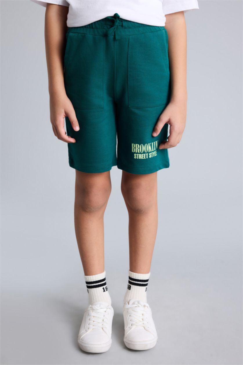 Erkek Çocuk - Genç Erkek Koyu Yeşil Oversıze Baskılı Şort Erkek Çocuk