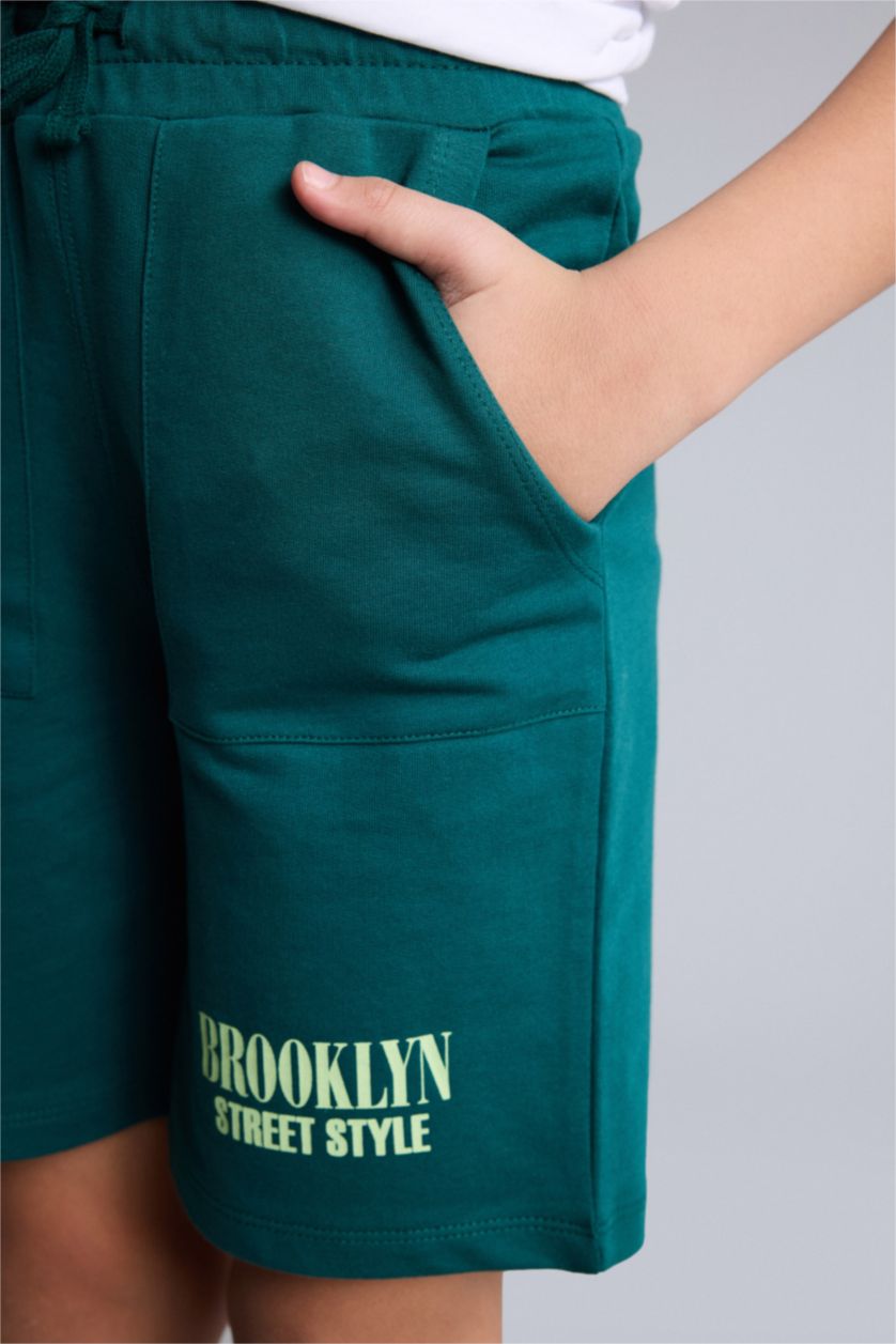 Erkek Çocuk - Genç Erkek Koyu Yeşil Oversıze Baskılı Şort Erkek Çocuk