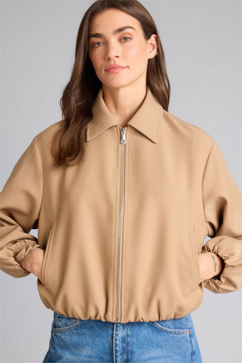 Woman Beige Standard Fit Suede Puffer Jacket