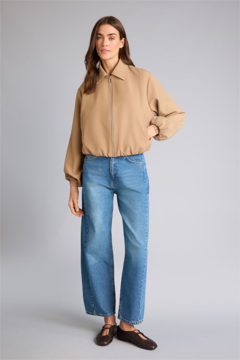 Woman Beige Standard Fit Suede Puffer Jacket