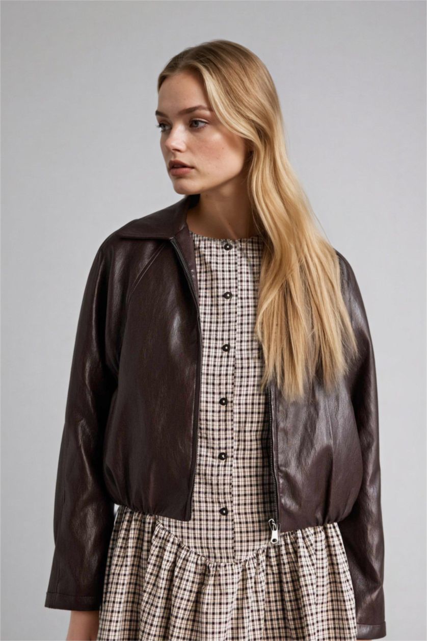 Woman Brown Balloon Fit Faux Leather Jacket