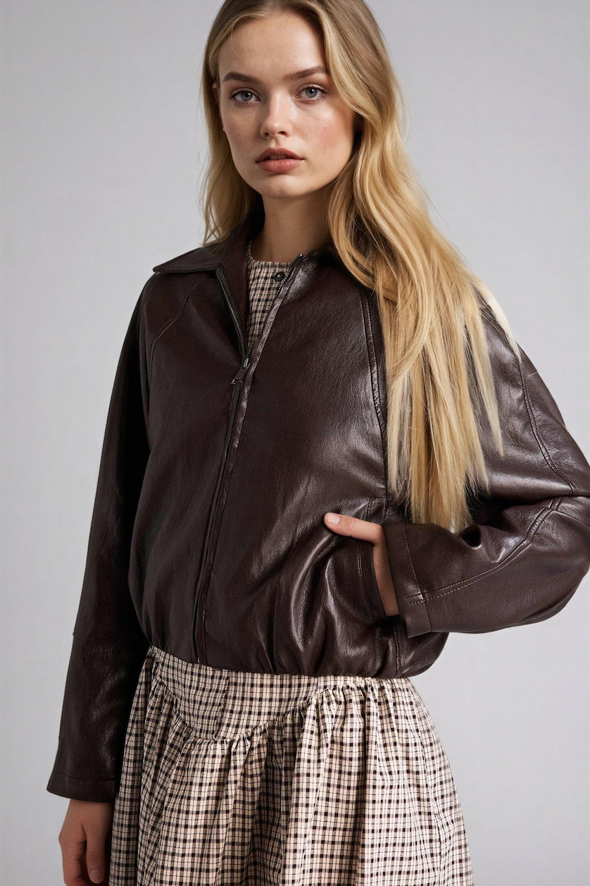 Women Brown Faux Leather Jacket