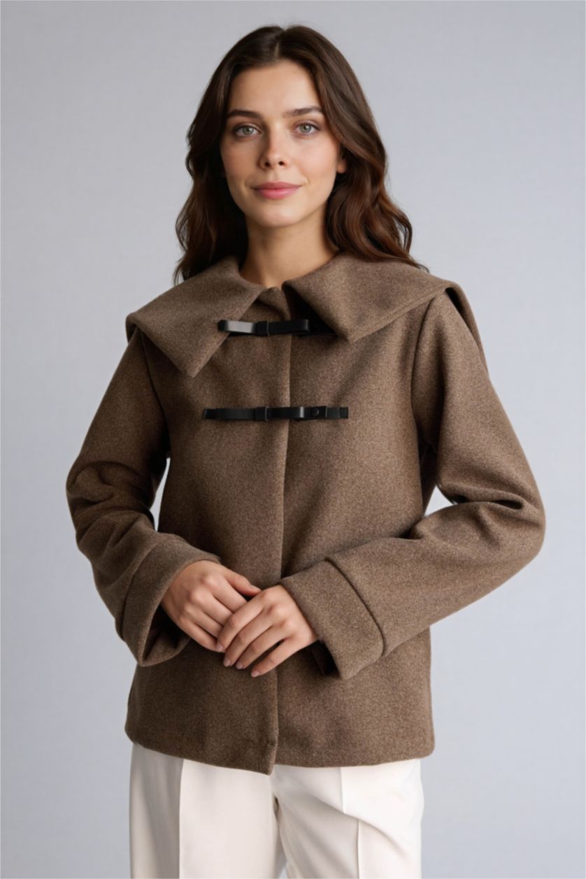 Kadın Vizon Regular Fıt Büyük Yaka İçi Yumuşak Tüylü Hırka