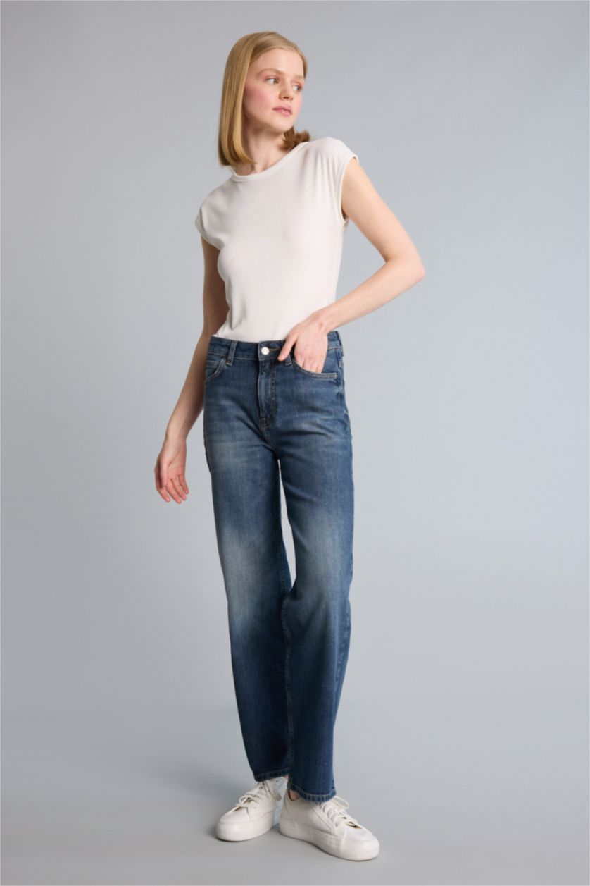 Woman Blue High Waist Trousers
