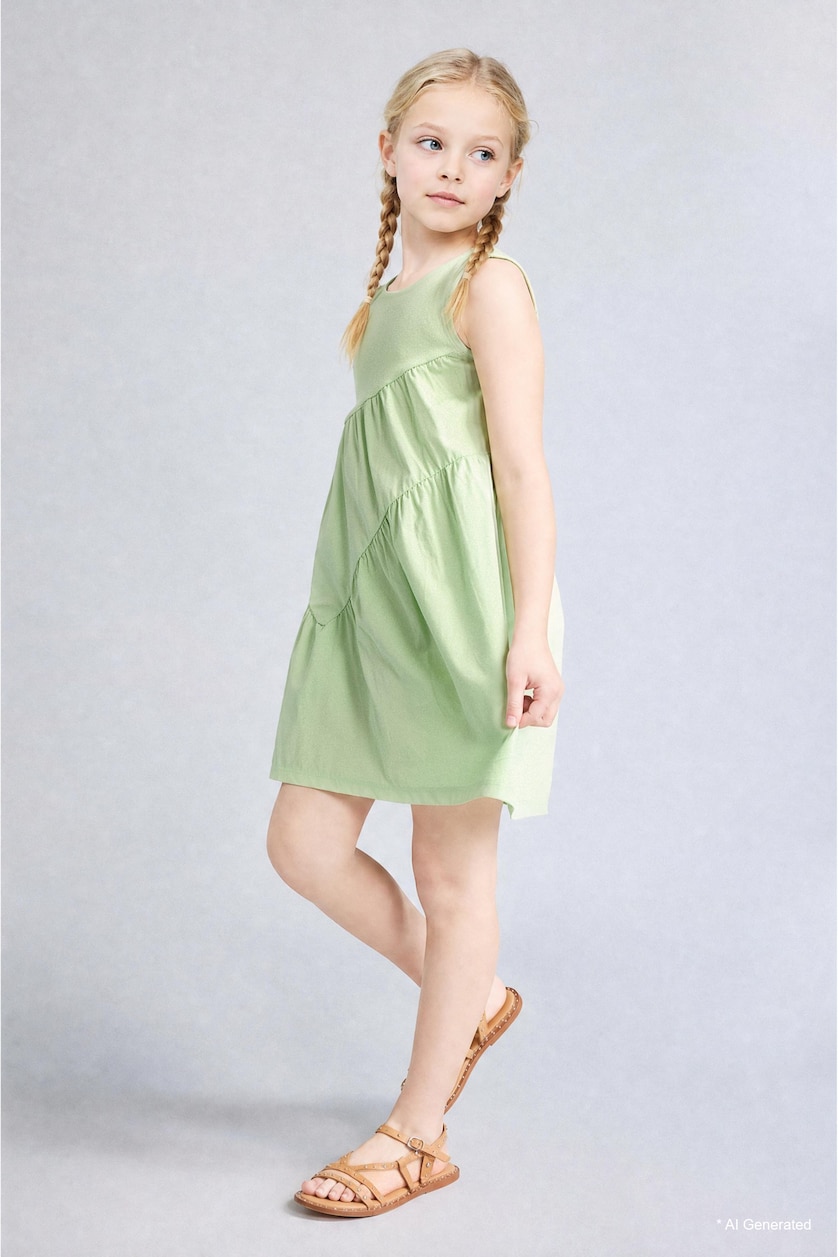 بنات أخضر فاتح Regular Fit Sleeveless Woven Dress