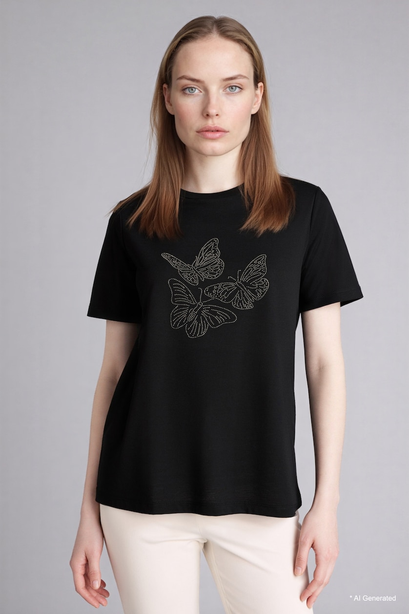Women Black Relax Fit Crew Neck Short Sleeve T-Shirt