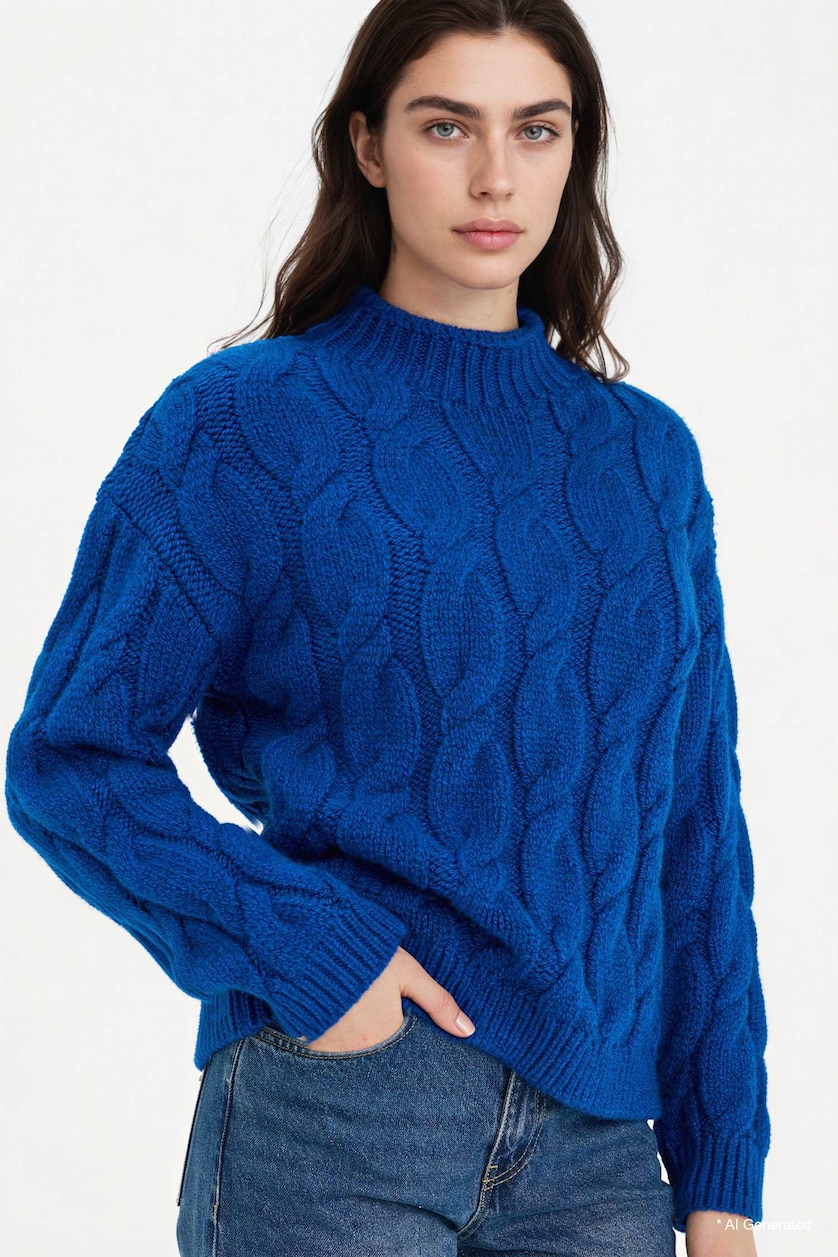 Kadın Saks Regular Fit Saç Örgü Triko Kazak
