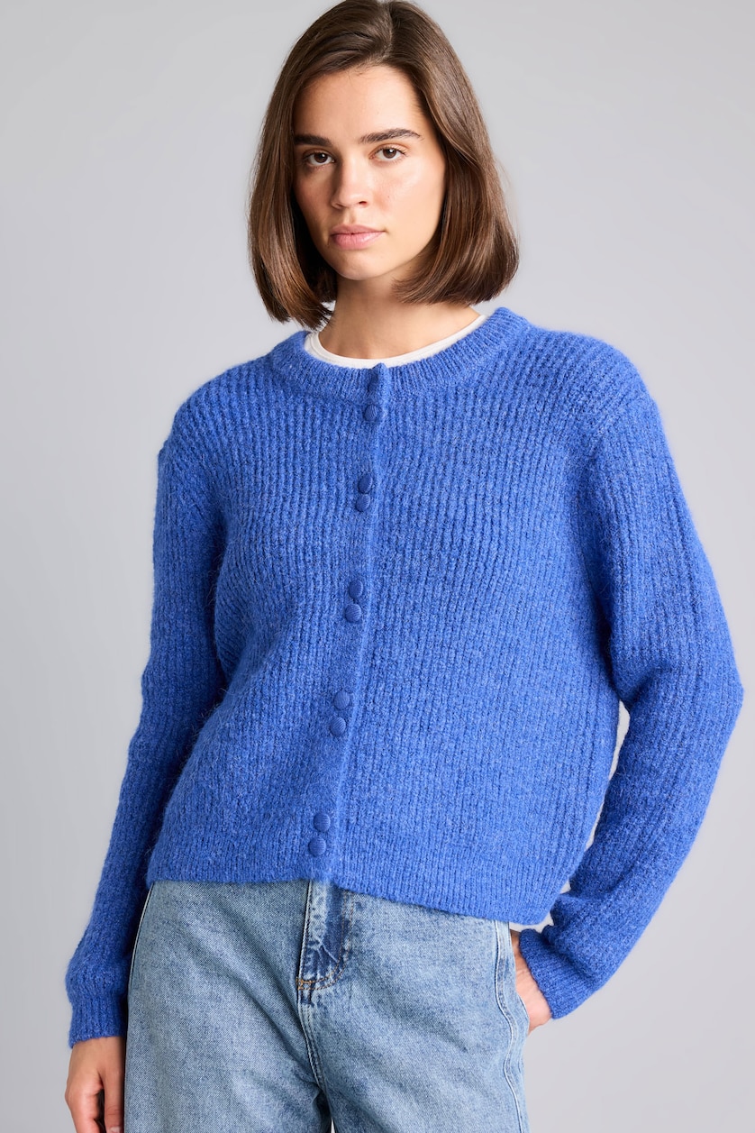 FEMME Bleu Cardigan en mélange de laine à col rond Coupe régulière