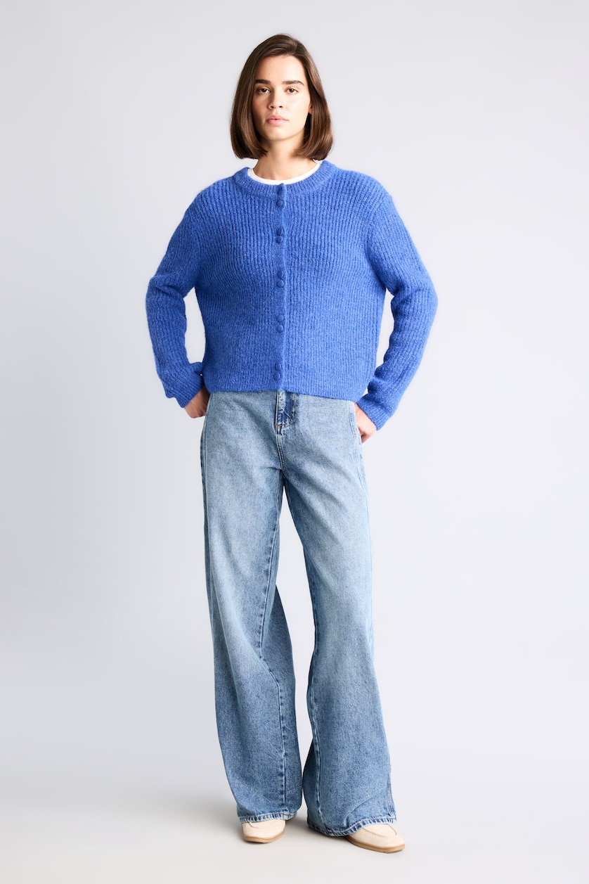 FEMME Bleu Cardigan en mélange de laine à col rond Coupe régulière