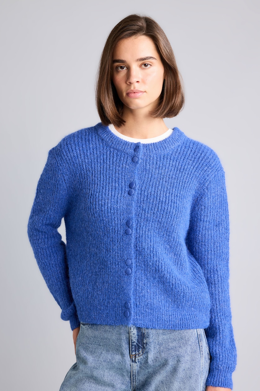 FEMME Bleu Cardigan en mélange de laine à col rond Coupe régulière