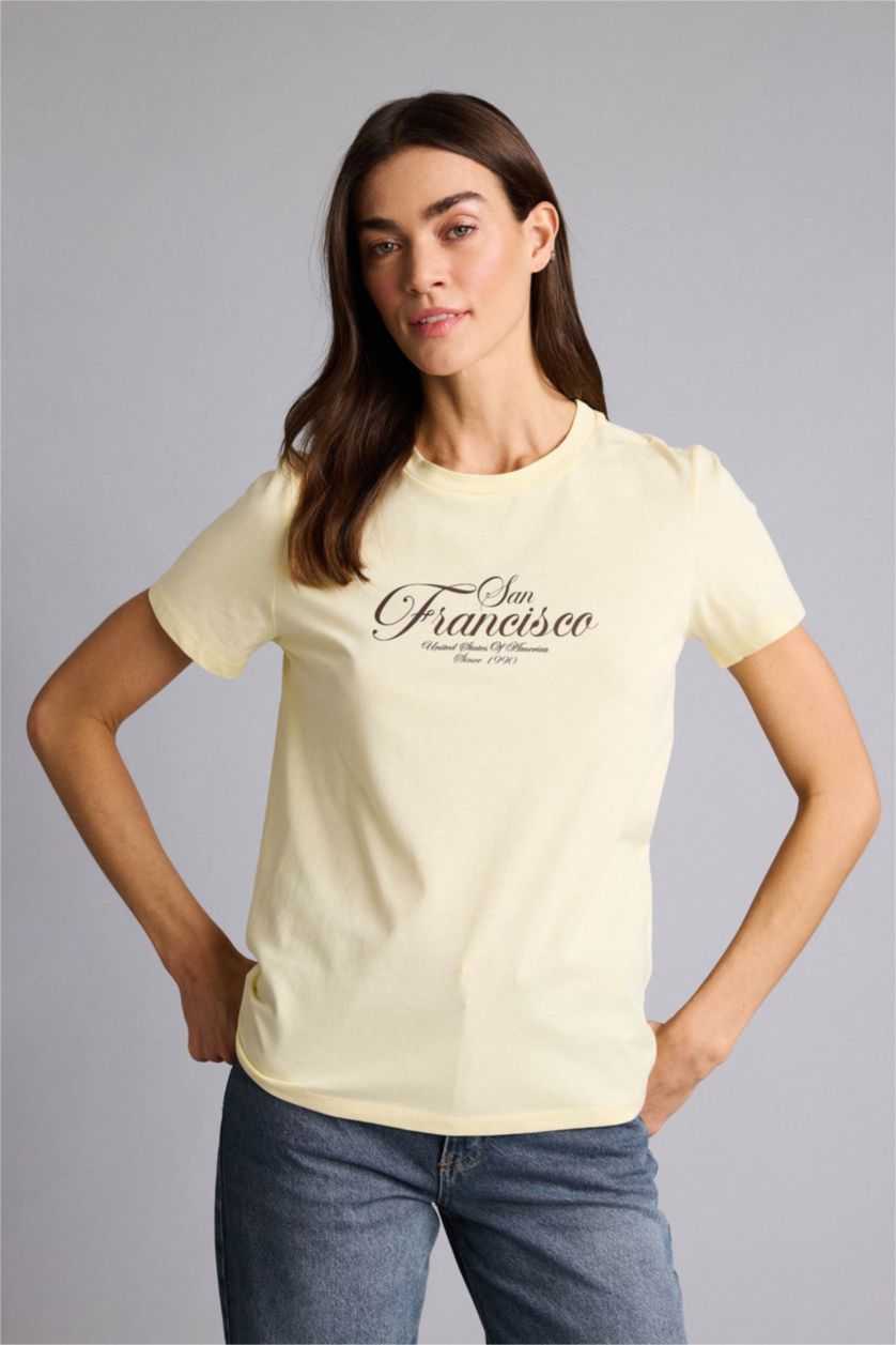 Woman Light Yellow Regular Fit Short Sleeve T-Shirt