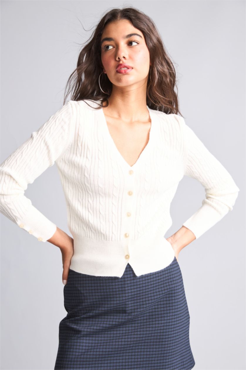 Women Ecru Slim Fit Knitwear Cardigan