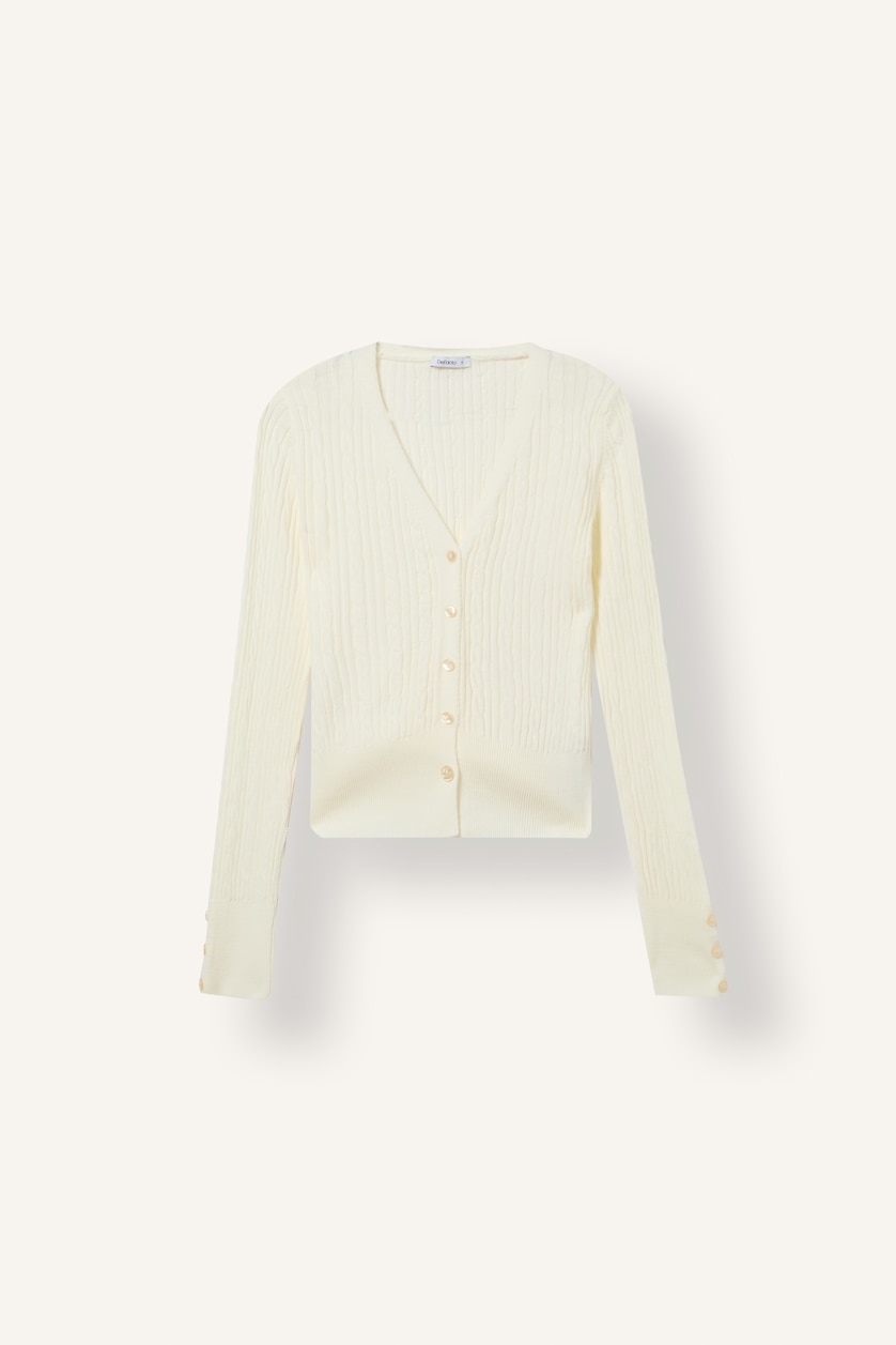 WOMAN Ecru Slim Fit V-Neck Knitwear Cardigan
