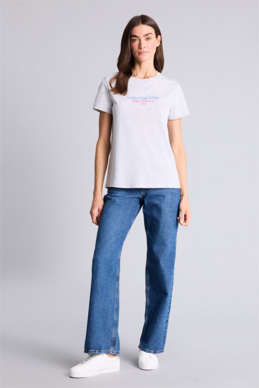 Kadın Gri Melanj Regular Fıt Bisiklet Yaka Baskılı Penye Kısa Kollu Tişört