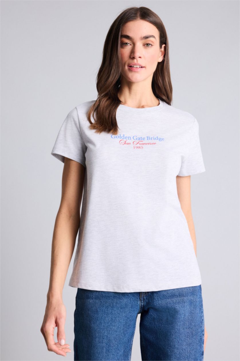 Kadın Gri Melanj Regular Fıt Bisiklet Yaka Baskılı Penye Kısa Kollu Tişört