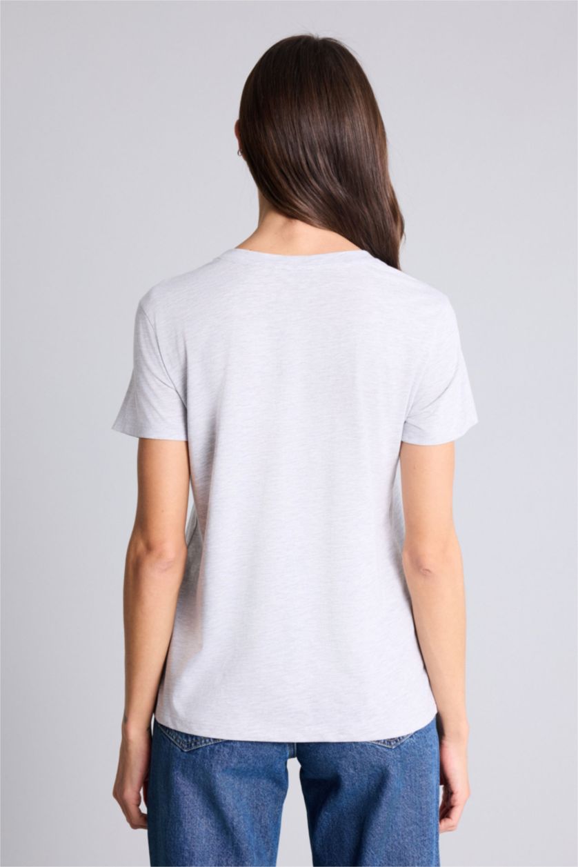 Kadın Gri Melanj Regular Fıt Bisiklet Yaka Baskılı Penye Kısa Kollu Tişört