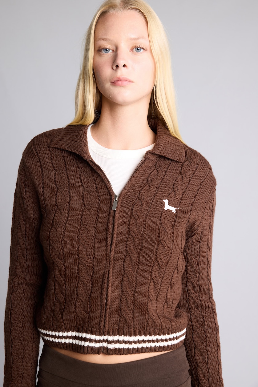 WOMAN Brown Regular Fit Braided Polo Collar Zip-Up Cardigan
