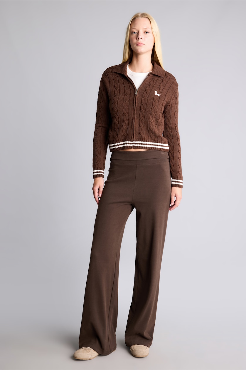 WOMAN Brown Regular Fit Braided Polo Collar Zip-Up Cardigan