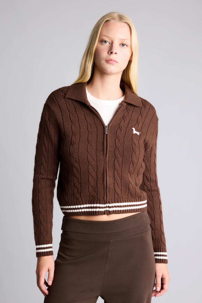 WOMAN Brown Regular Fit Braided Polo Collar Zip-Up Cardigan
