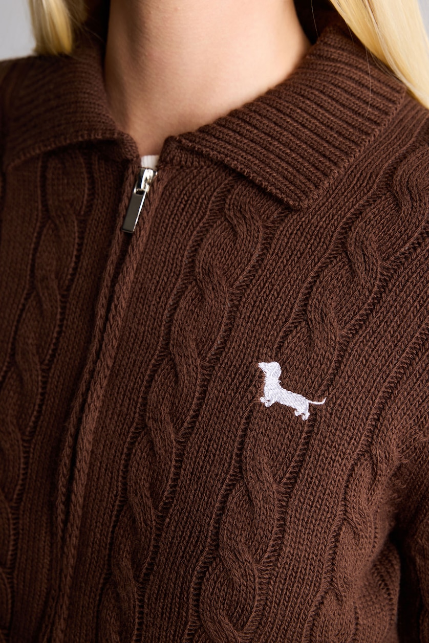 WOMAN Brown Regular Fit Braided Polo Collar Zip-Up Cardigan