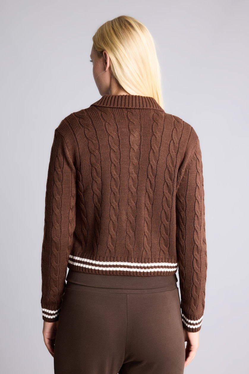WOMAN Brown Regular Fit Braided Polo Collar Zip-Up Cardigan