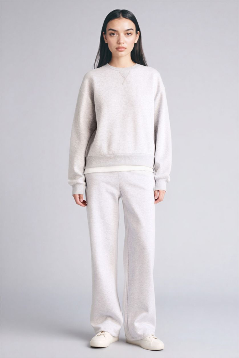 Kadın Gri Melanj Relax Fıt Basıc Sweatshirt