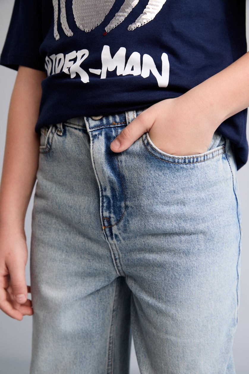 Erkek Çocuk - Genç Erkek Açık Mavi %100 Pamuk Loose Fit Düz Paça Jean Pantolon Erkek Çocuk