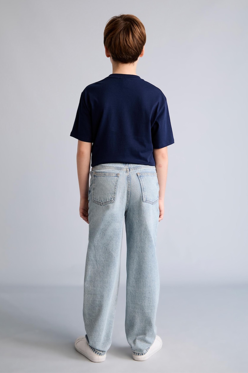 Erkek Çocuk - Genç Erkek Açık Mavi %100 Pamuk Loose Fit Düz Paça Jean Pantolon Erkek Çocuk