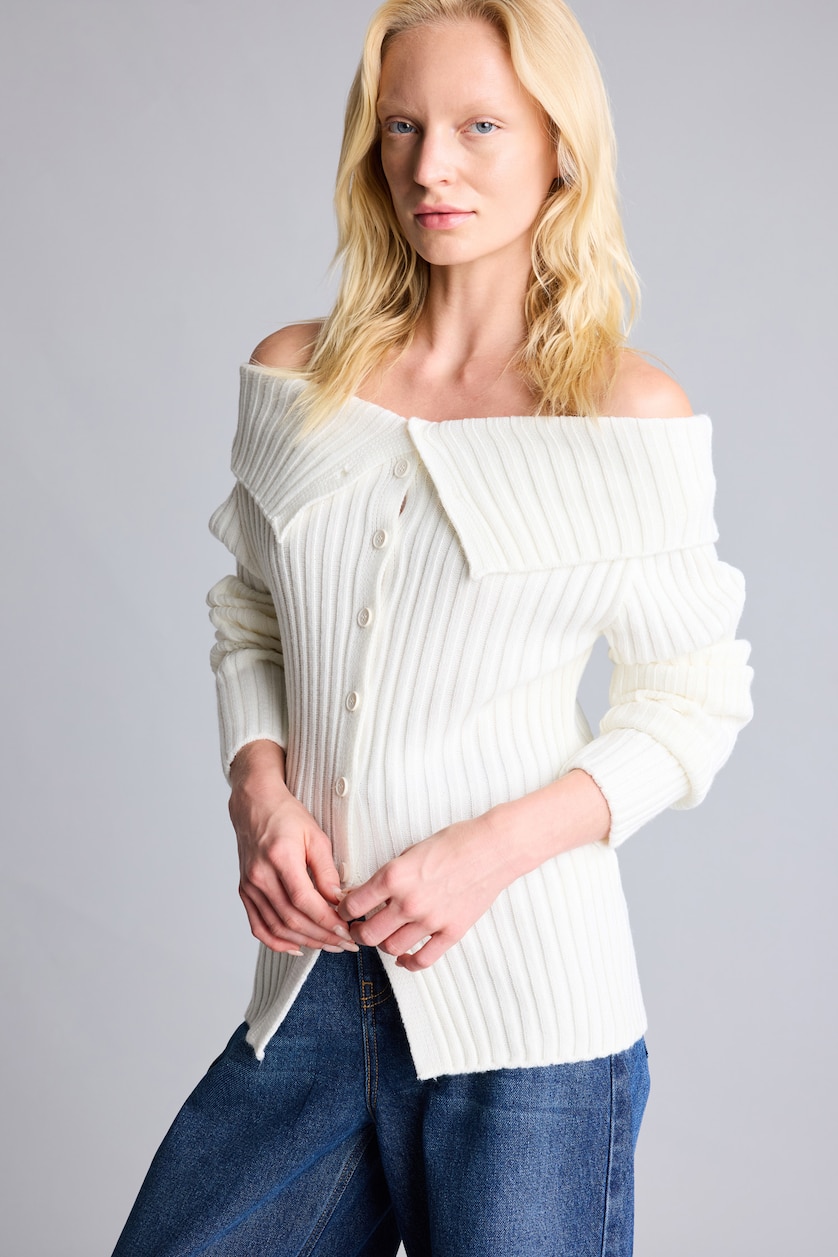 WOMAN Light Beige Regular Fit Basic Ribbed Knit Off-Shoulder Cardigan