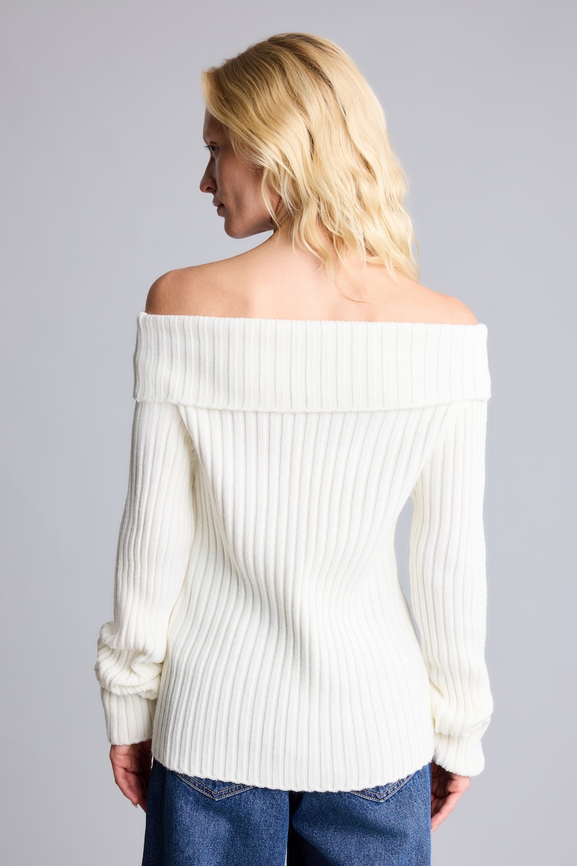 WOMAN Light Beige Regular Fit Basic Ribbed Knit Off-Shoulder Cardigan