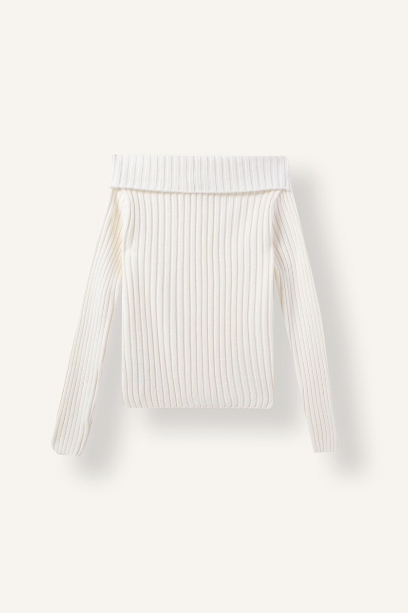 WOMAN Light Beige Regular Fit Basic Ribbed Knit Off-Shoulder Cardigan