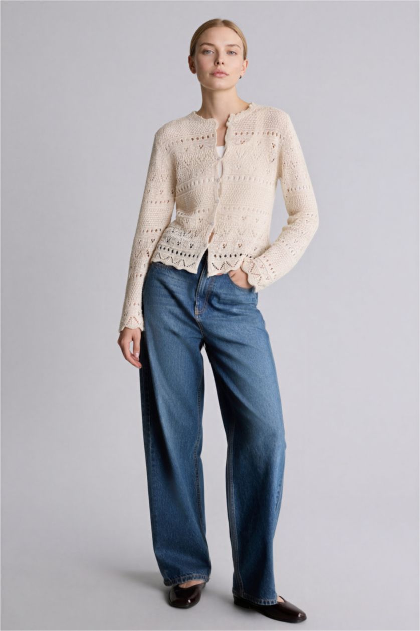 Kadın Ekru Regular Fıt Yuvarlak Yaka Triko Hırka