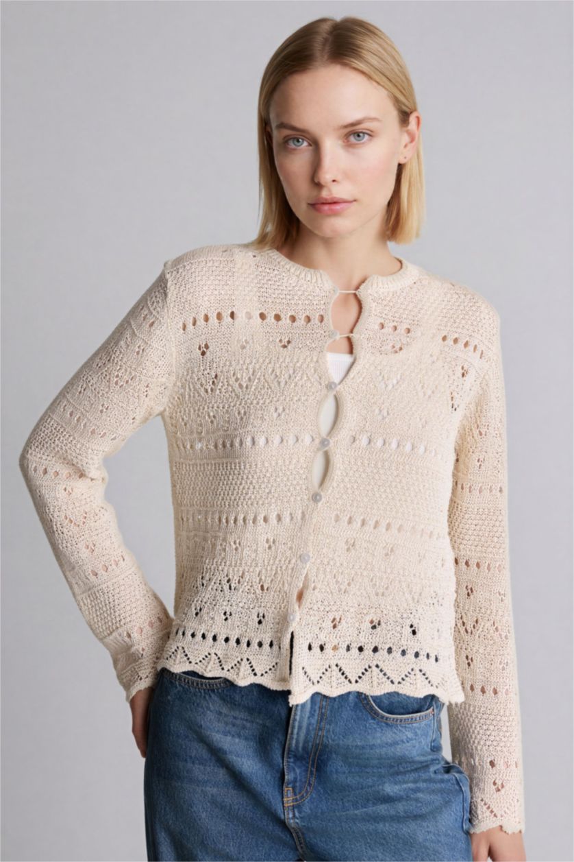 Kadın Ekru Regular Fıt Yuvarlak Yaka Triko Hırka