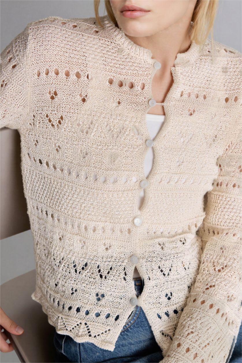 Kadın Ekru Regular Fıt Yuvarlak Yaka Triko Hırka